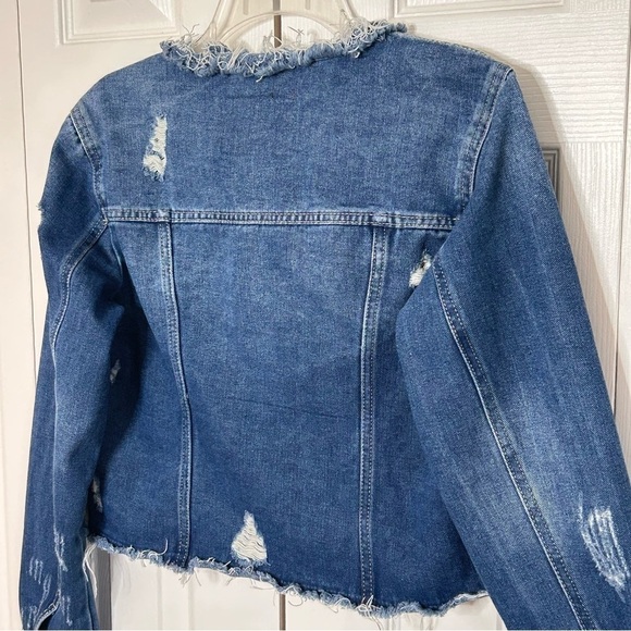 The One 5 One Denim Jacket Medium Blue Distressed Zip Front - Picture 9 of 13